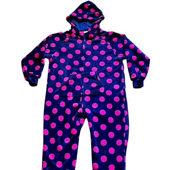 Footed Pajamas Hooded Purple Pink Polka Dot Fleece Zipper Closure Pocket Warm - Picture 2 of 16